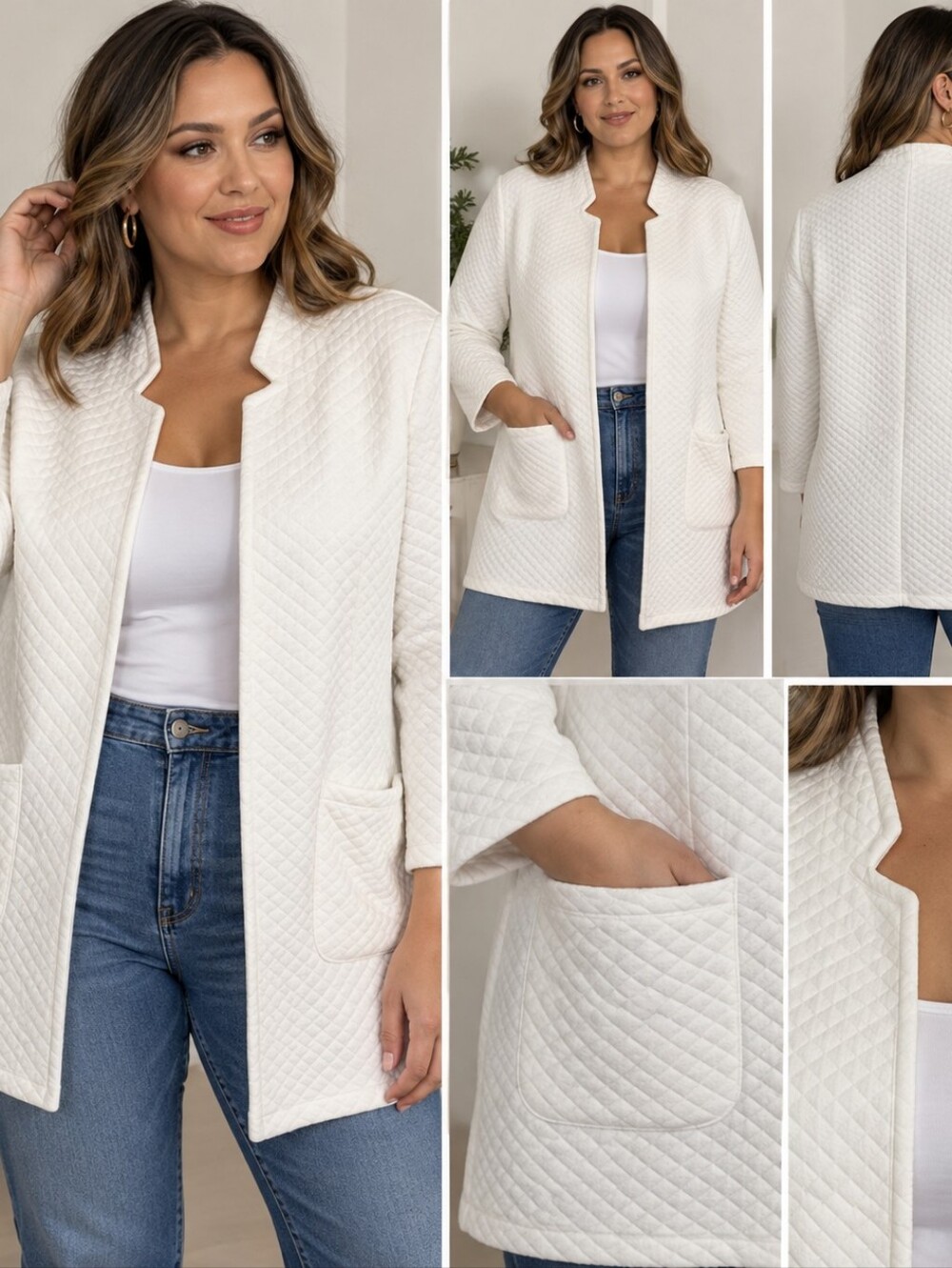 New York & Company Women’s Quilted Open Front Coatigan — White